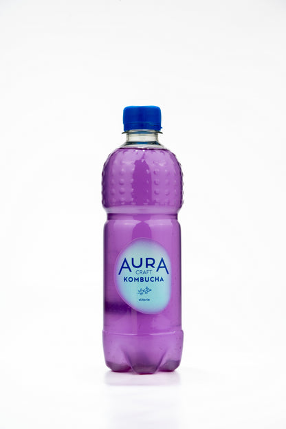 Aura Kombucha Clitorie – lahev 500 ml na dřevěném stolku